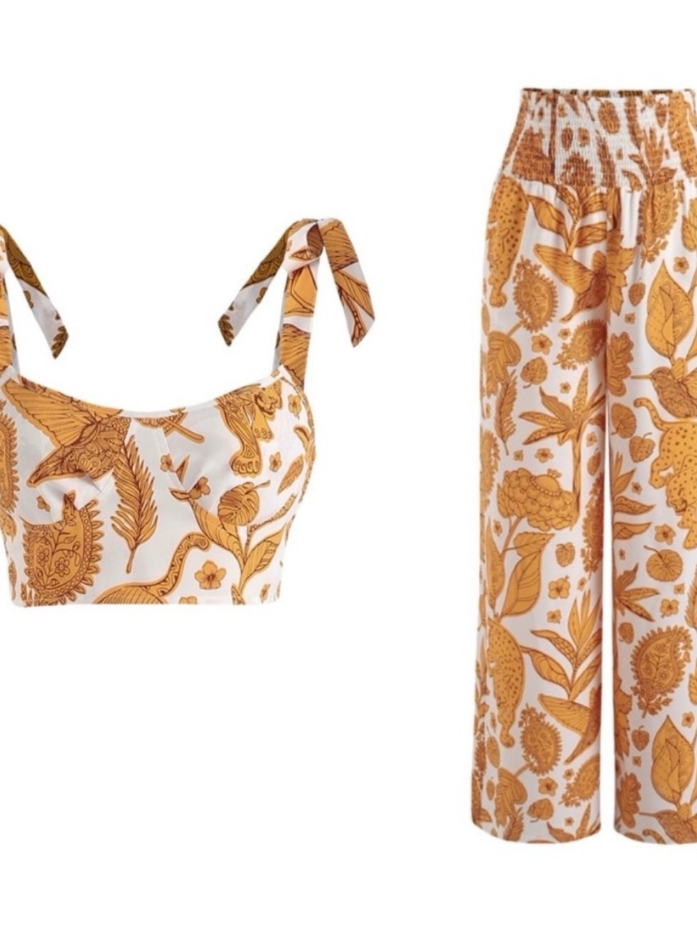 Cider White & Mustard Botanical Tie-Shoulder Crop Top with Wide-Leg Pants